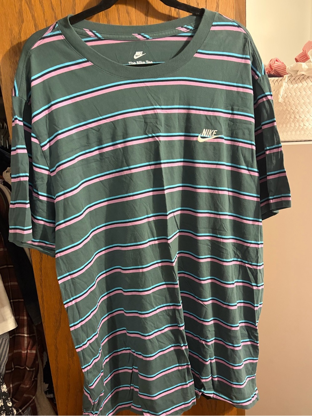 Nike Dark Green Crewneck Tee with Pink & Light Blue Stripes